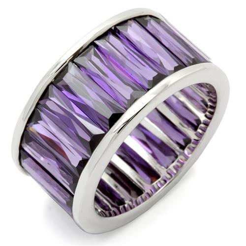 0W128 - Rhodium Brass Ring with AAA Grade CZ in Amethyst Size 6