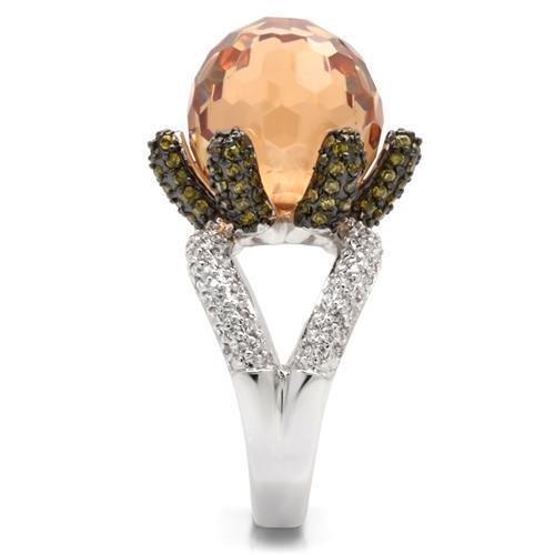 0W021 - Rhodium + Ruthenium Brass Ring with AAA Grade CZ in Champagne