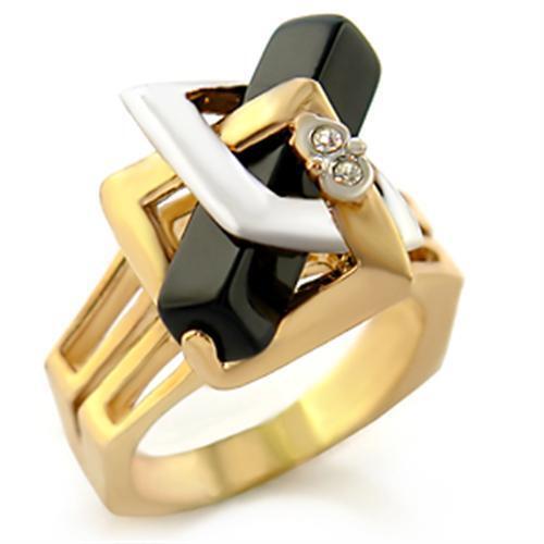 Gold+Rhodium Brass Ring with Semi-Precious Onyx in Jet