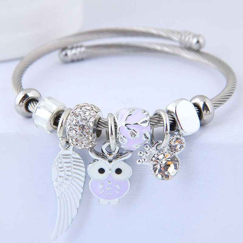 DIY Beaded Owl Bracelet with Angel Wings Pendant in Stainless Steel
