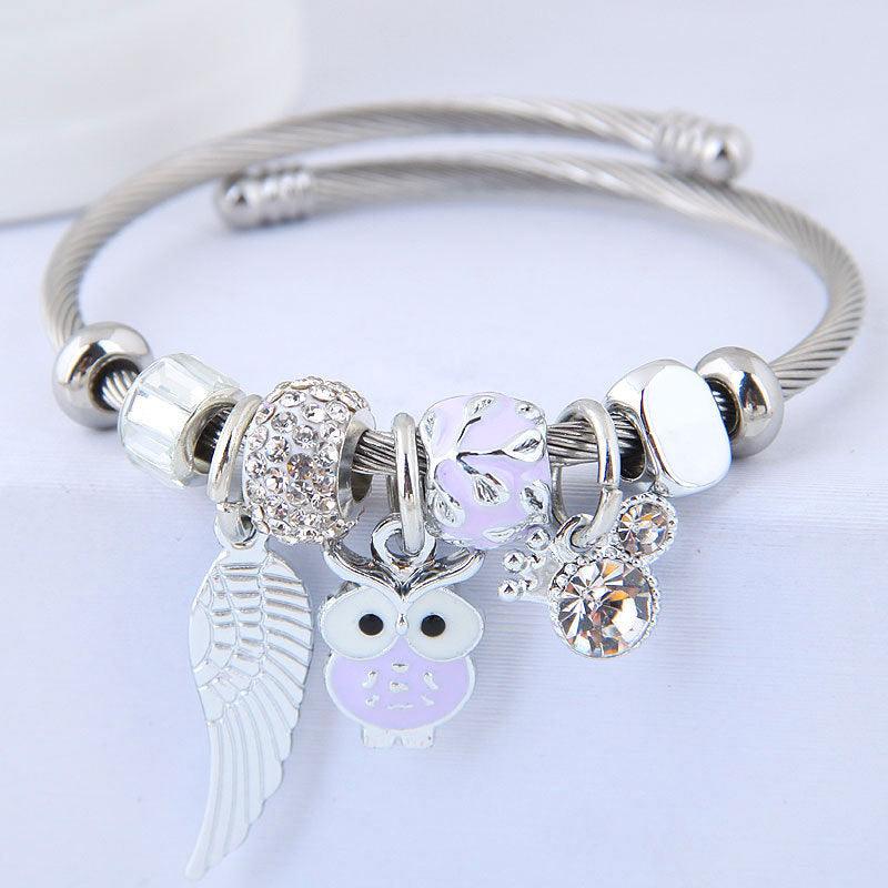 DIY Beaded Owl Bracelet with Angel Wings Pendant in Stainless Steel