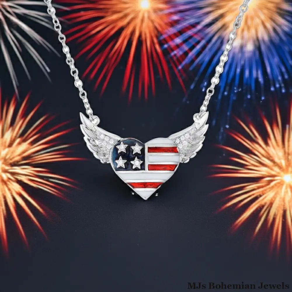 .14 Ct Patriotic Winged Heart Necklace with CZ Accents Necklaces