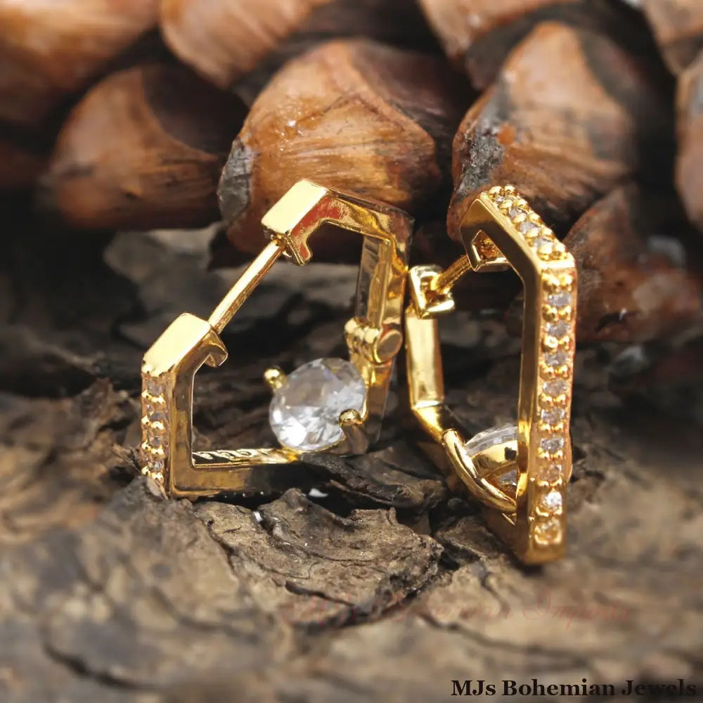 14K Gold CZ Diamond Huggie Hoops