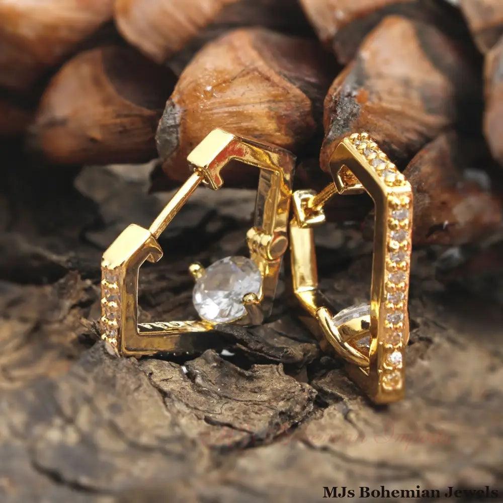14K Gold CZ Diamond Huggie Hoops