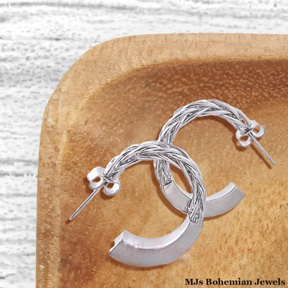 14K White Gold Braided Post Hoops