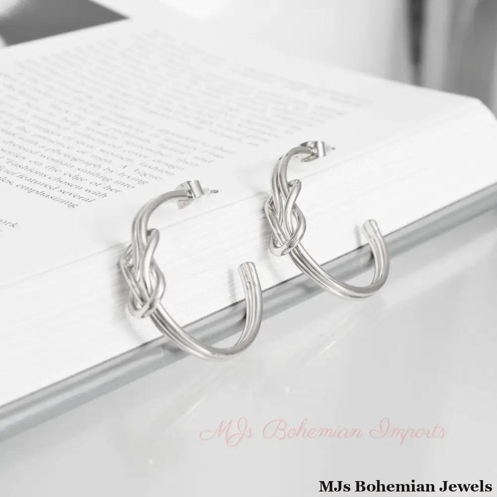 14K White Gold Infinity Knot Post Hoops
