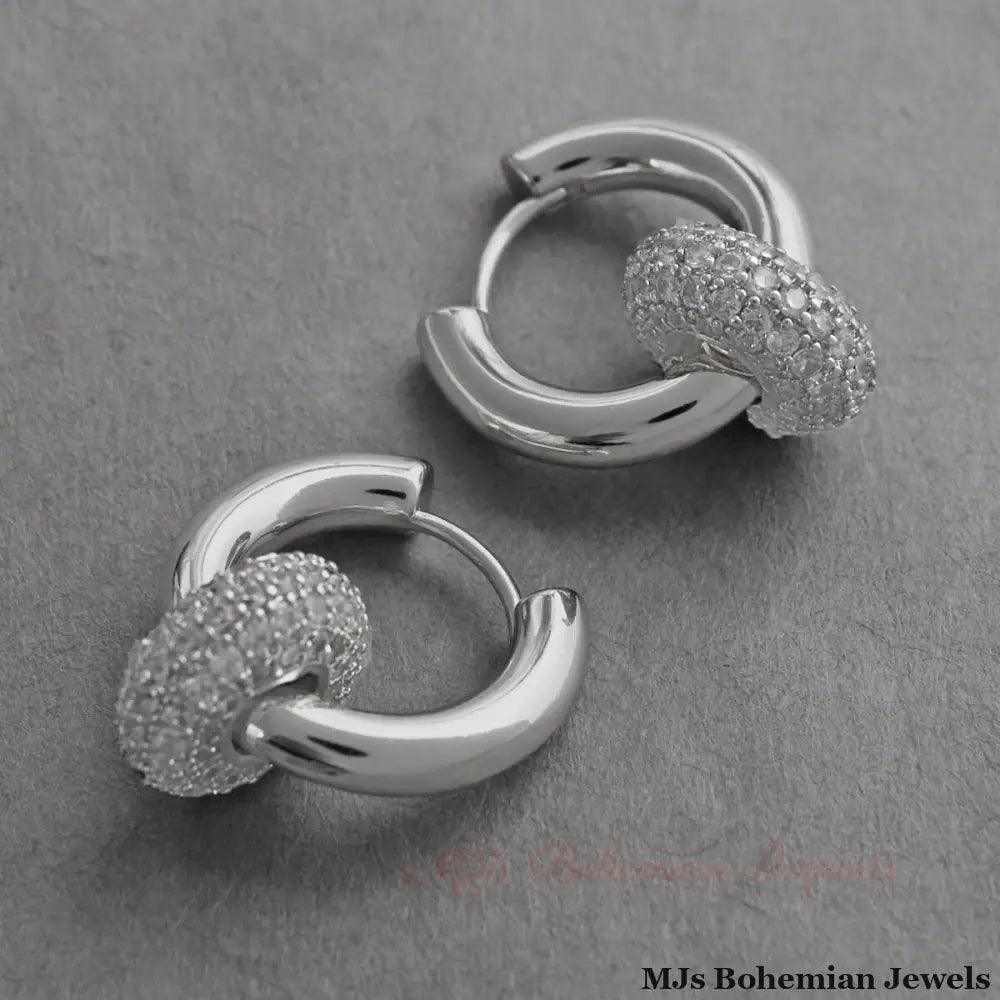 14K White Gold Pave Ring Huggie Hoops