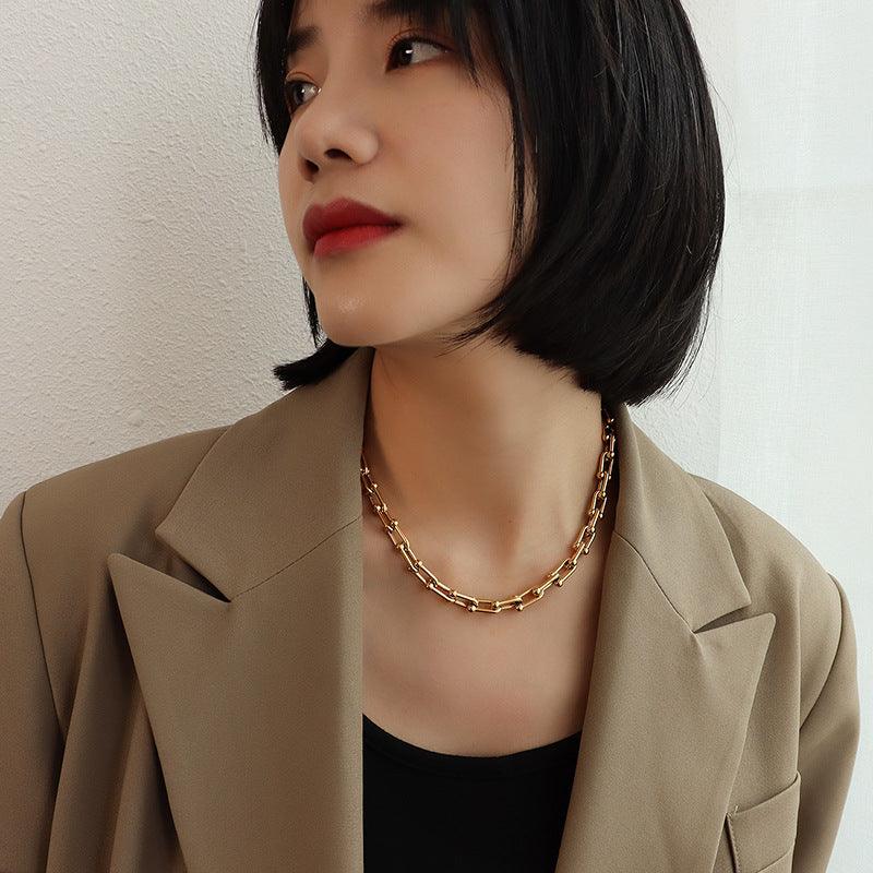 Color: Golden, style: Necklace-40plus 5cm, Size: - Horseshoe Buckle U-shaped Bracelet Earrings