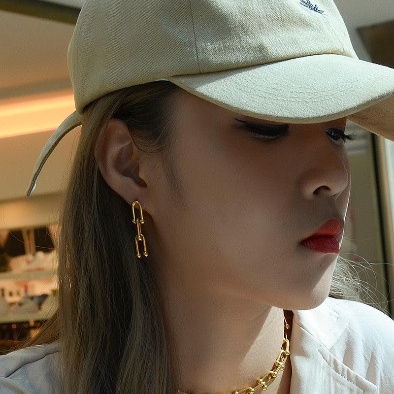 Color: Golden, style: Ear studs-A pair, Size: - Horseshoe Buckle U-shaped Bracelet Earrings