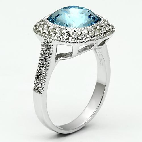 LO2506 - Rhodium Brass Ring with Top Grade Crystal in Sea Blue