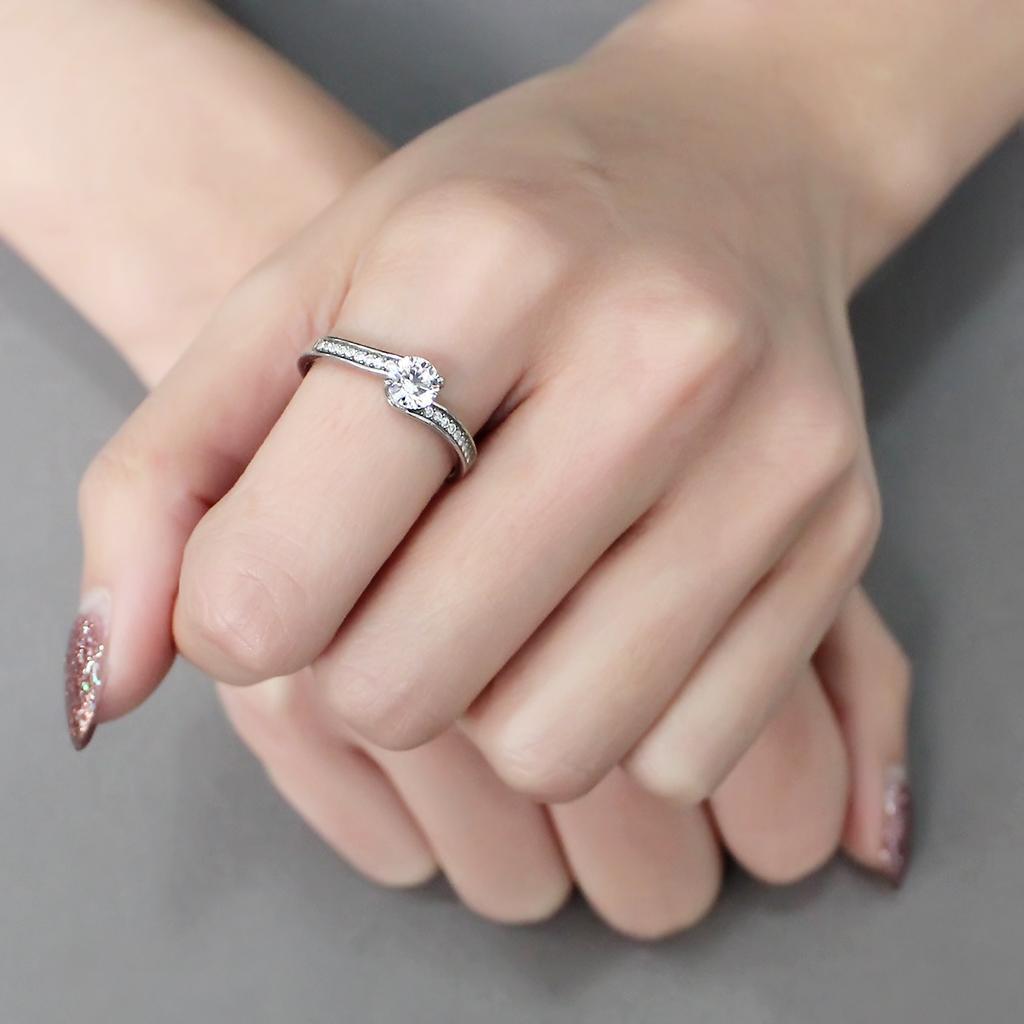 DA233 - High polished (no plating) Stainless Steel Ring with AAA Grade CZ in Clear