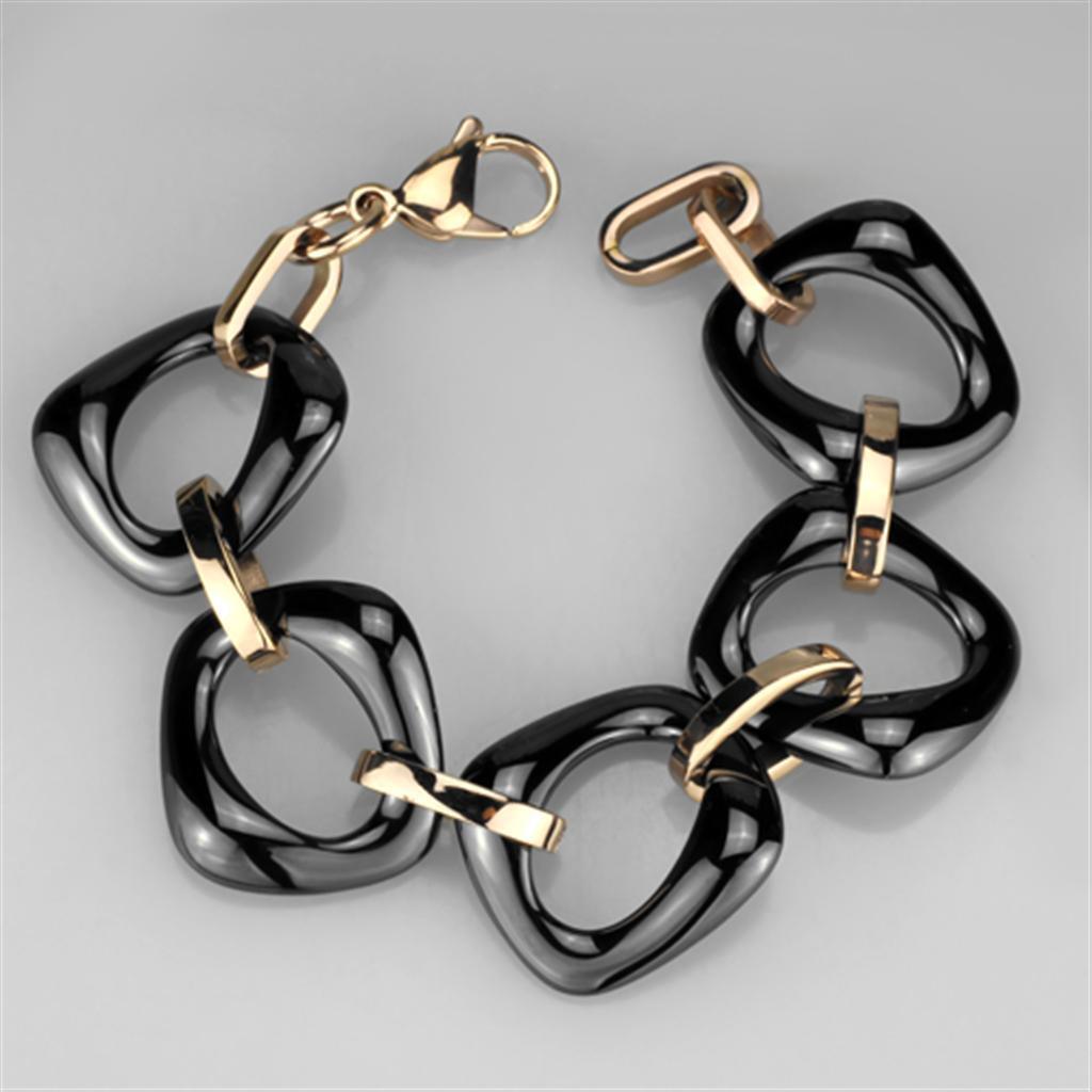 IP Rose Gold(Ion Plating) Stainless Steel Bracelet with Ceramic in Jet