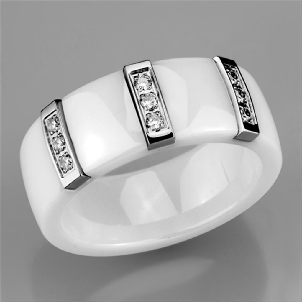 3W957 - High polished (no plating) Stainless Steel Ring with Ceramic in White