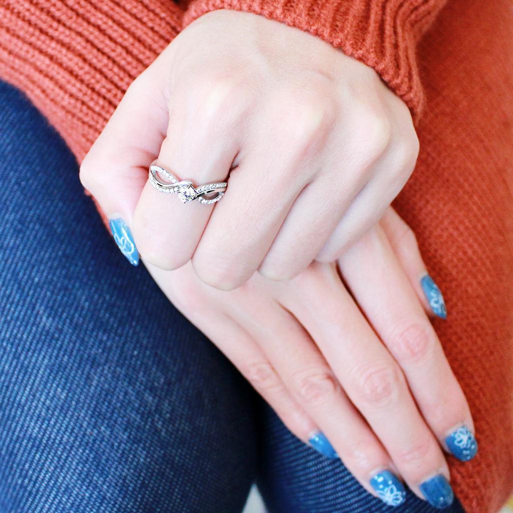 DA147 - High polished (no plating) Stainless Steel Ring with AAA Grade CZ in Clear
