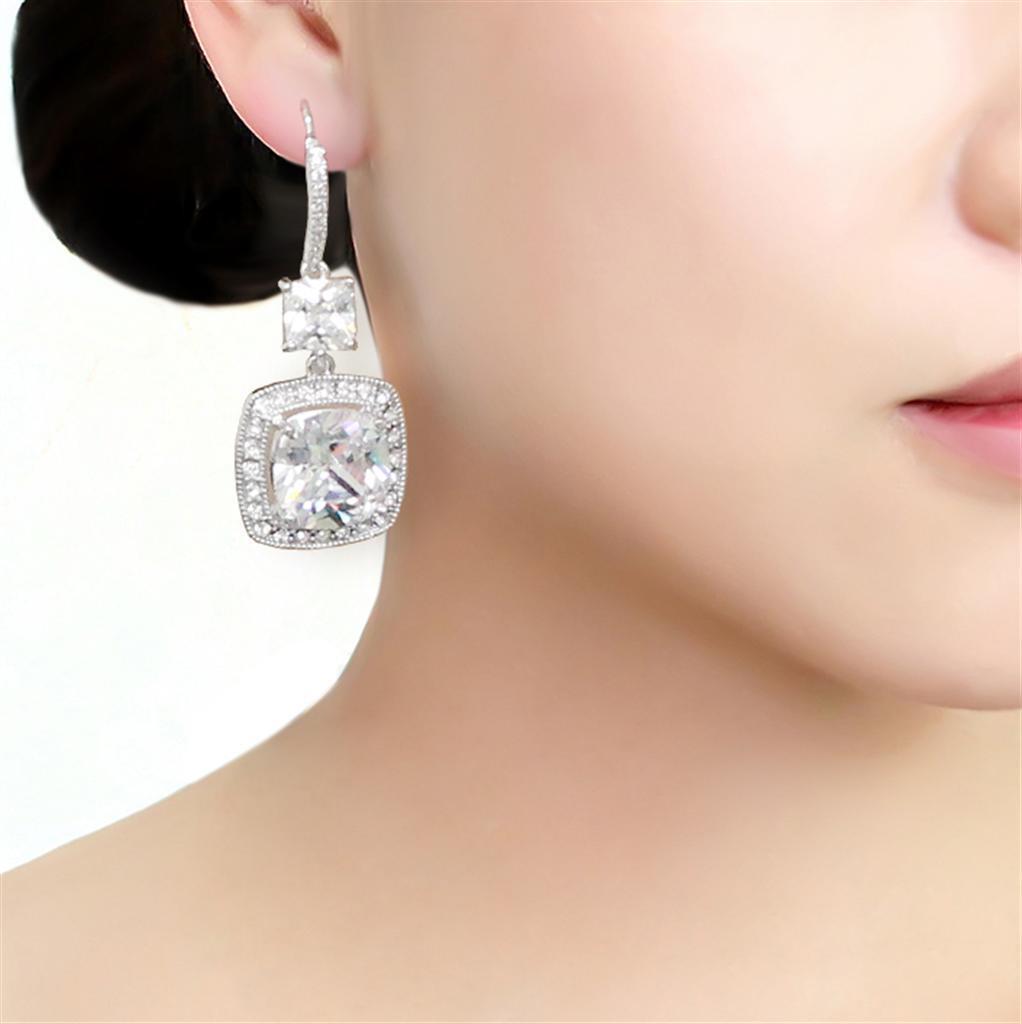 3W1477 - Rhodium Brass Earrings with AAA Grade CZ in Clear