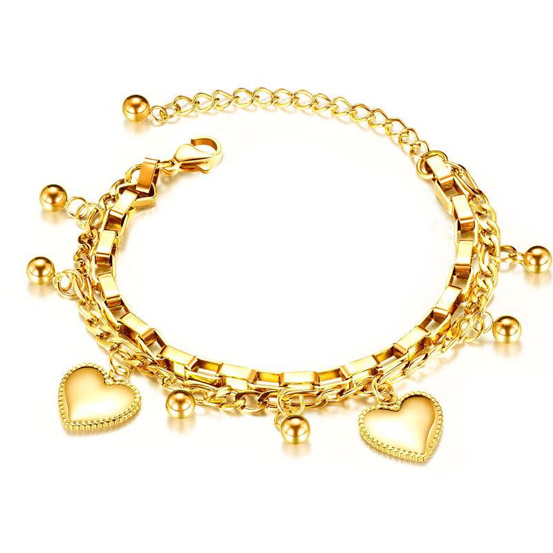 Color: Golden - Multi-Layer Stainless Steel Love Heart Bead Bracelet