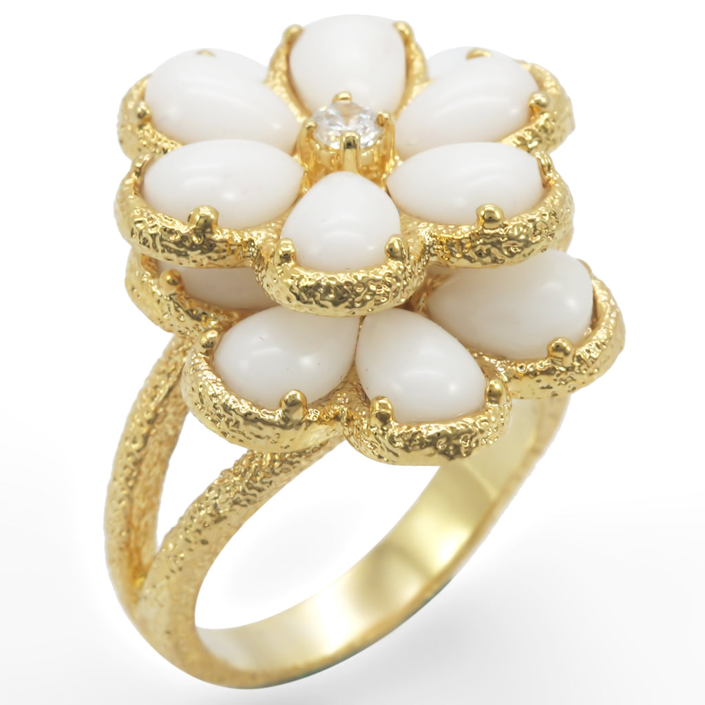 Gold Brass Ring with Synthetic Synthetic Glass in White Size 7