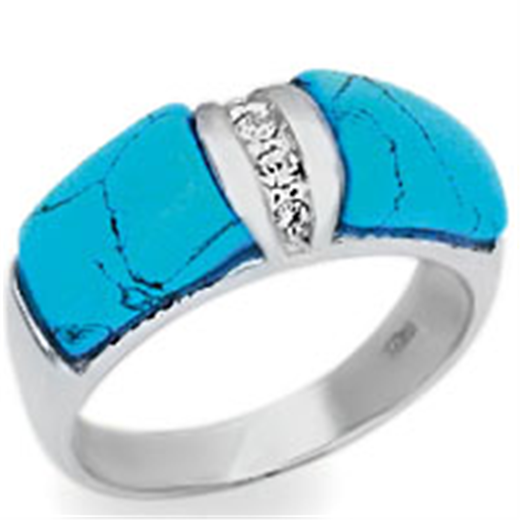 High-Polished 925 Sterling Silver Ring with Synthetic Turquoise in Sea Blue Size 5