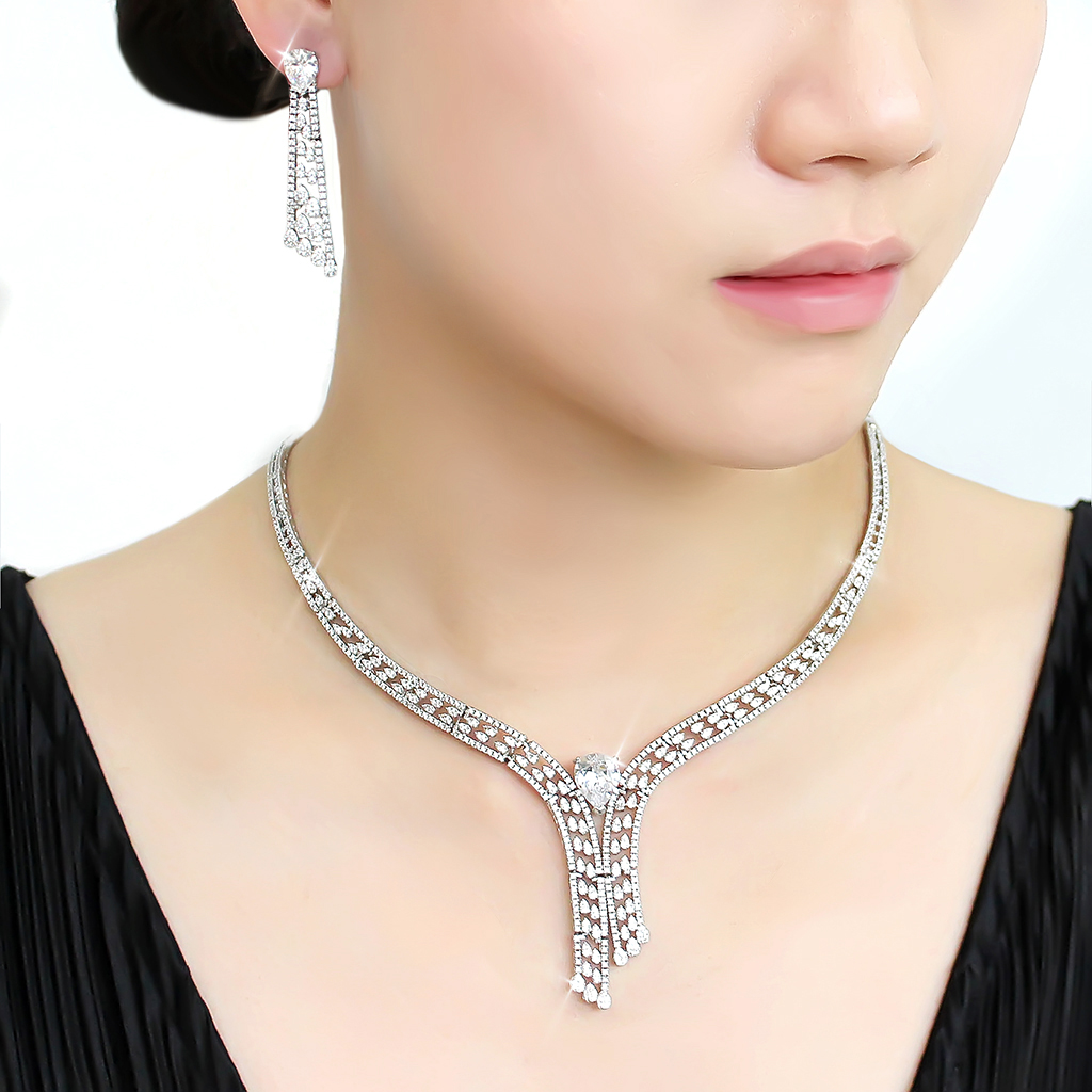 3W1434 - Rhodium Brass Jewelry Sets with AAA Grade CZ in Clear