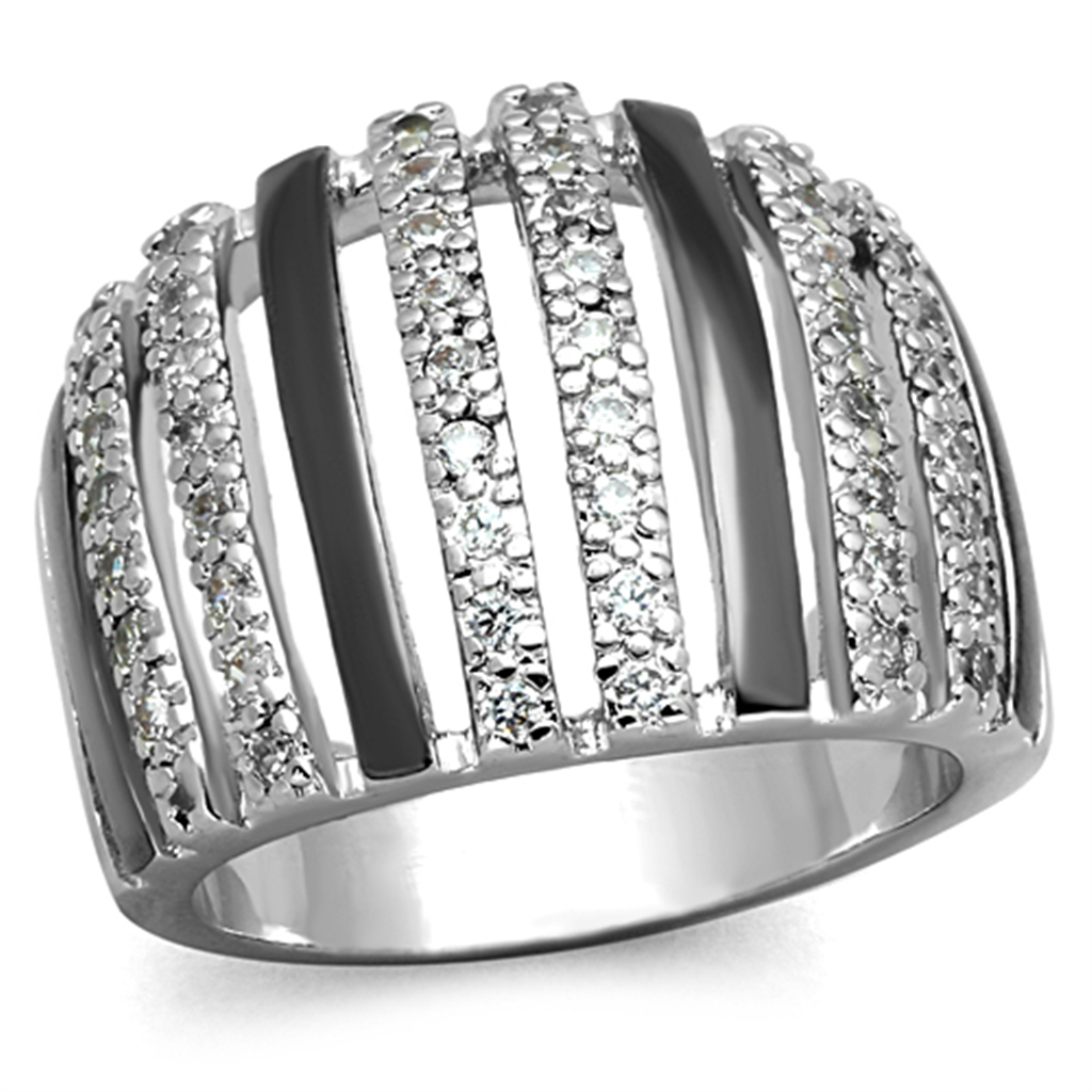 3W567 - Rhodium + Ruthenium Brass Ring with AAA Grade CZ in Clear