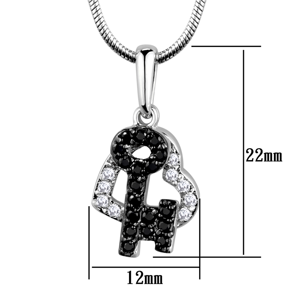 3W799 - Rhodium + Ruthenium Brass Chain Pendant with AAA Grade CZ in Black Diamond