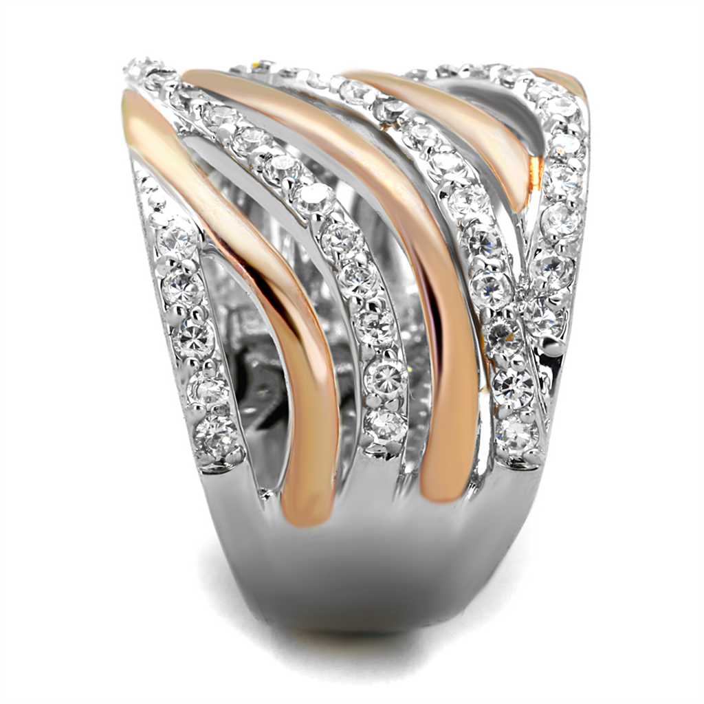 3W857 - Rose Gold + Rhodium Brass Ring with AAA Grade CZ in Clear