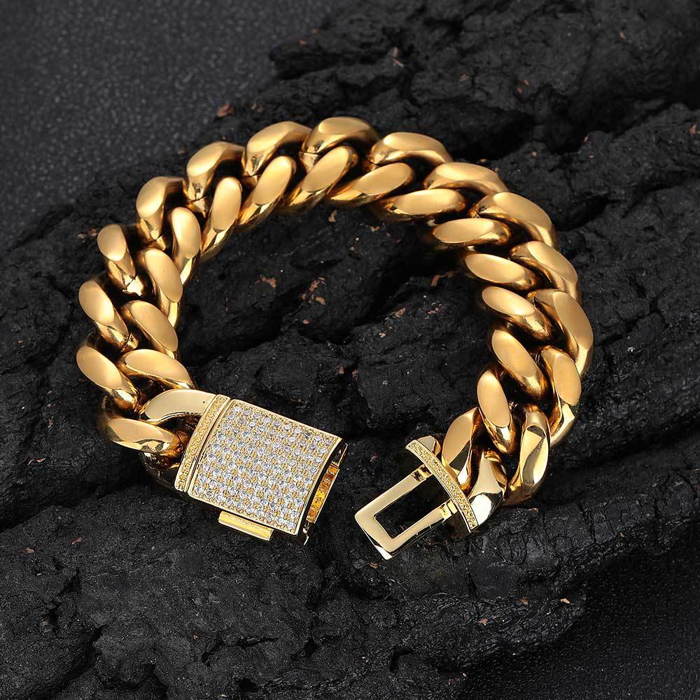 Color: Golden Width 18mm, Purity: Bracelet 7.5 Inches - Stainless Steel Bracelet Ornament Male Zircon Flip Buckle