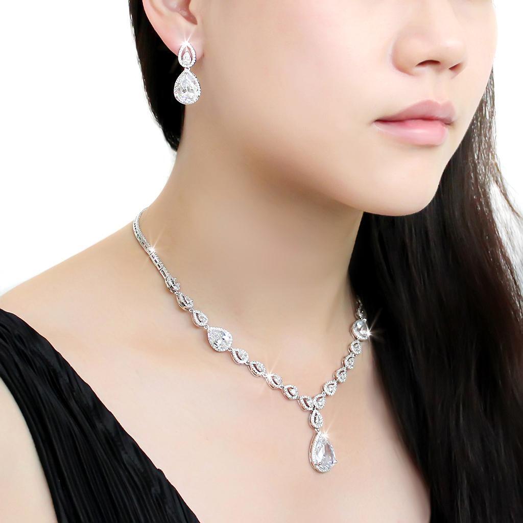 3W1427 - Rhodium Brass Jewelry Sets with AAA Grade CZ in Clear