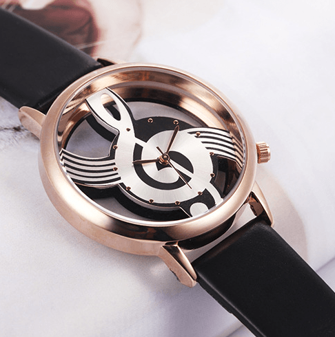 Color: Black gold - Hollow Musical Note Leather Wrist Watch