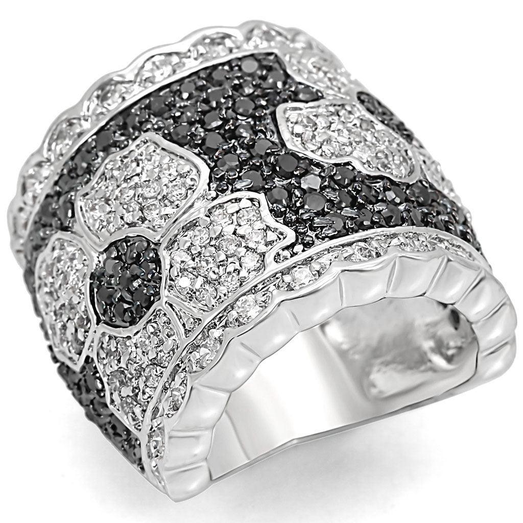 LO1346 - Rhodium + Ruthenium Brass Ring with AAA Grade CZ in Clear
