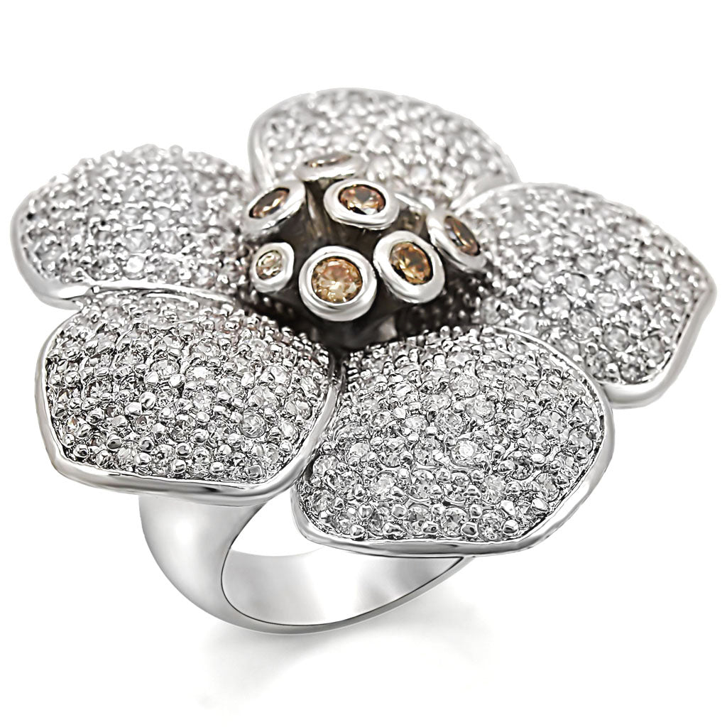 LO1352 - Rhodium Brass Ring with AAA Grade CZ in Champagne