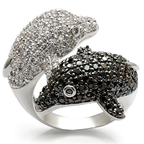 LO1481 - Rhodium + Ruthenium Brass Ring with AAA Grade CZ in Black Diamond