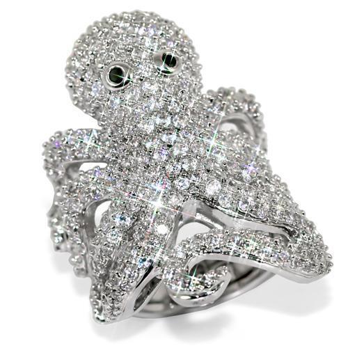 LO1524 - Rhodium Brass Ring with Top Grade Crystal in Clear
