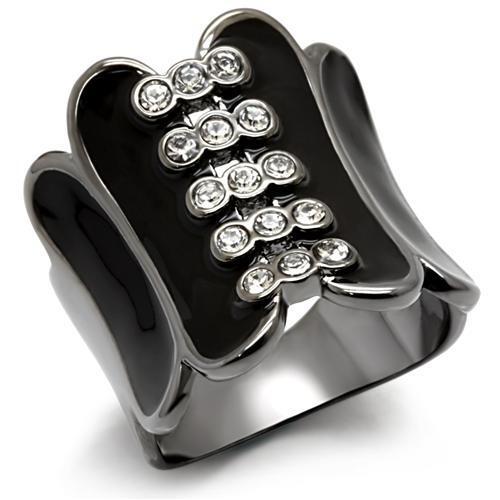 LO1623 - TIN Cobalt Black Brass Ring with Top Grade Crystal in Clear