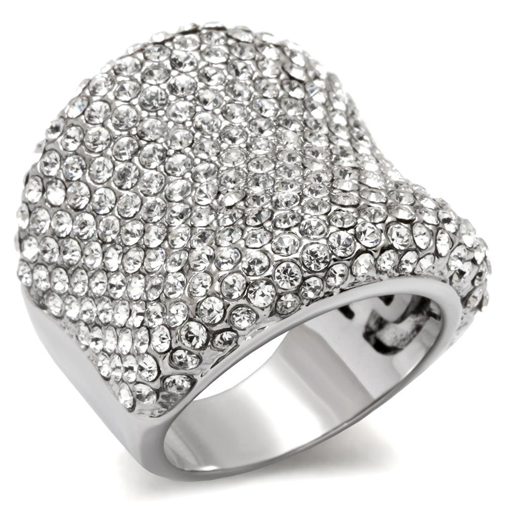 LO1765 - Rhodium Brass Ring with Top Grade Crystal in Clear