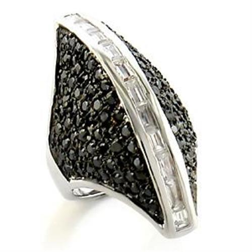 LOA581 - Rhodium + Ruthenium Brass Ring with AAA Grade CZ in Jet