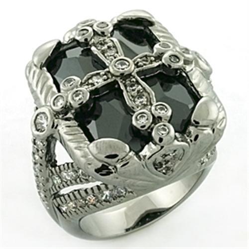LOA708 - Rhodium + Ruthenium Brass Ring with AAA Grade CZ in Jet