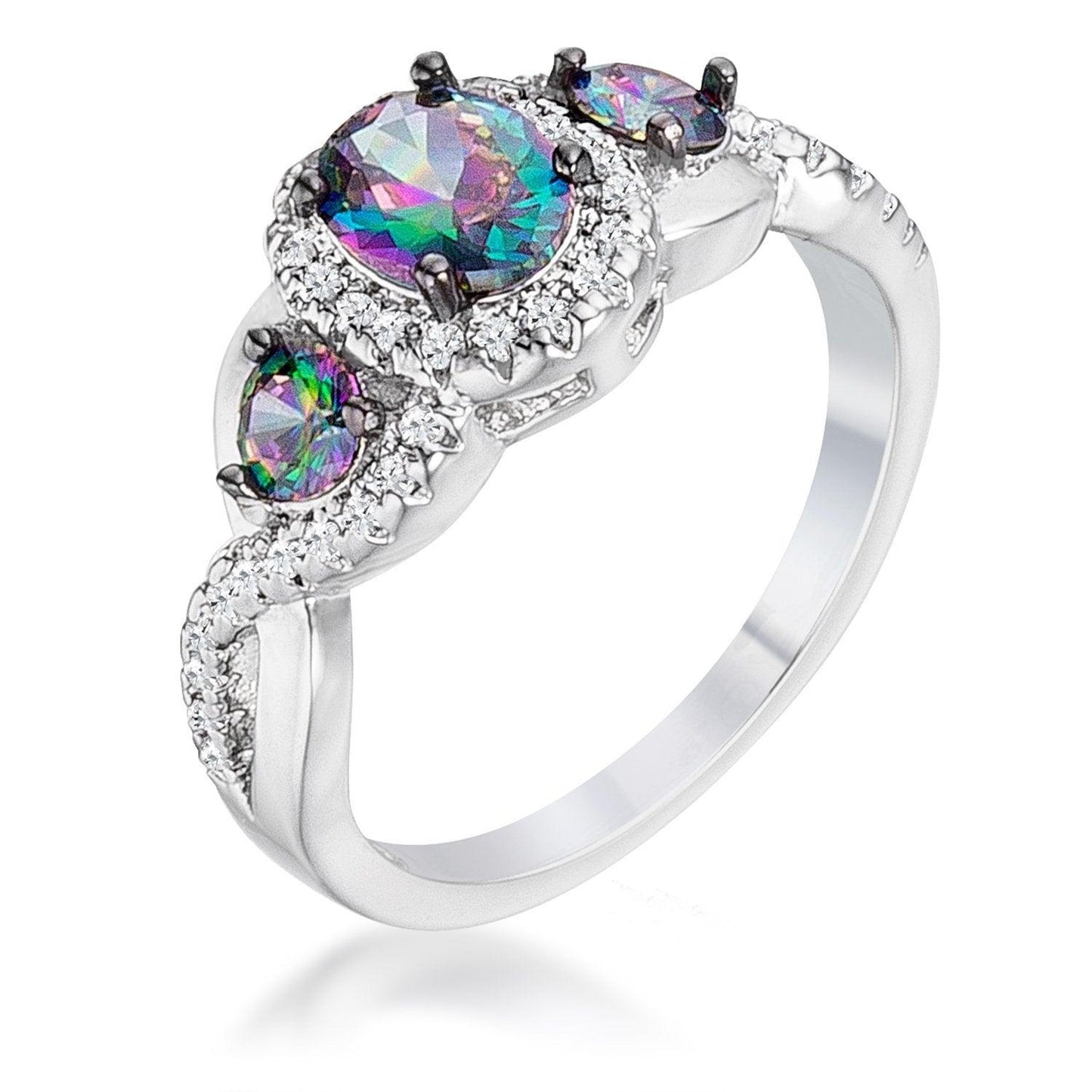 Rhodium & Hematite Plated Mystic & Clear CZ Three Stone Twisted Shank Ring