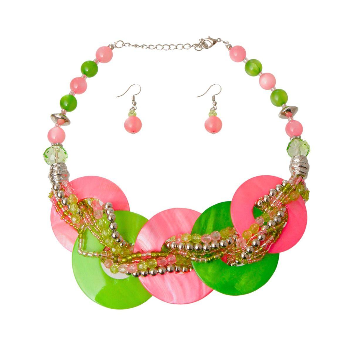 Pink Green AKA Beaded Shell Disc Necklace Set