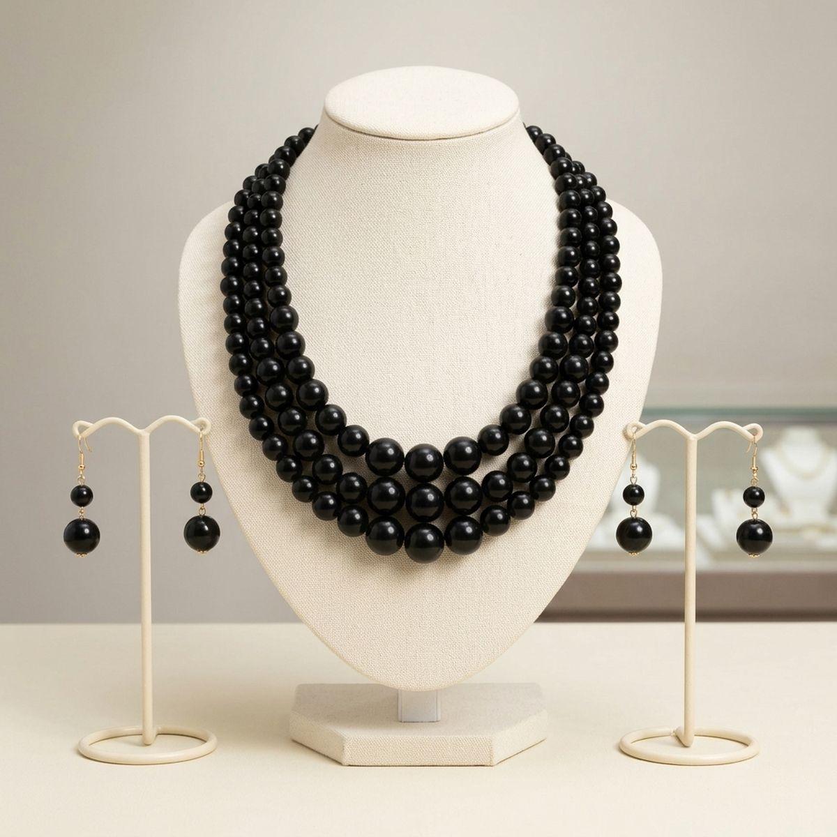 Jet Black Ball Bead Necklace Layered 3 Strand