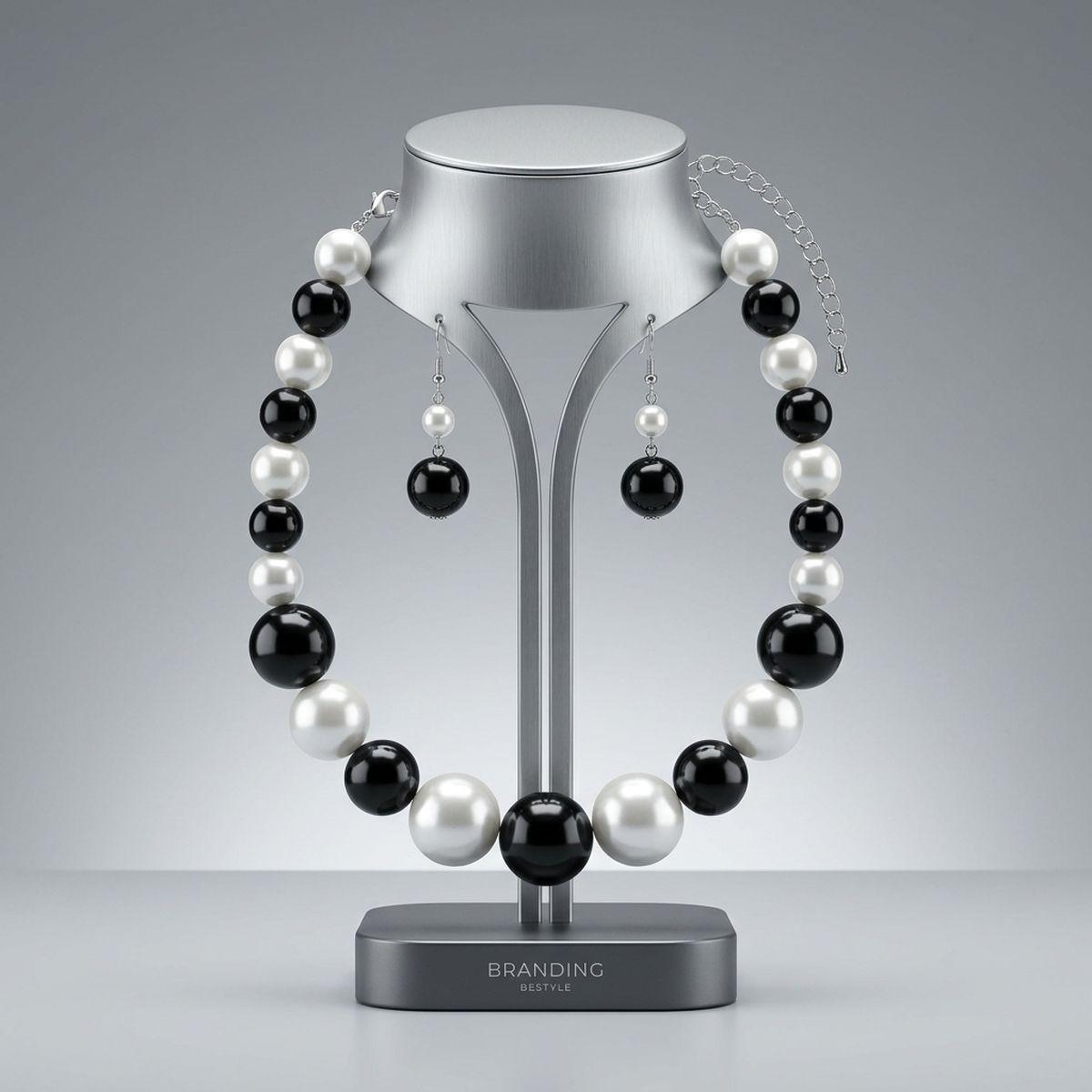 Black Bead White Pearl Chunky Graduated Necklace