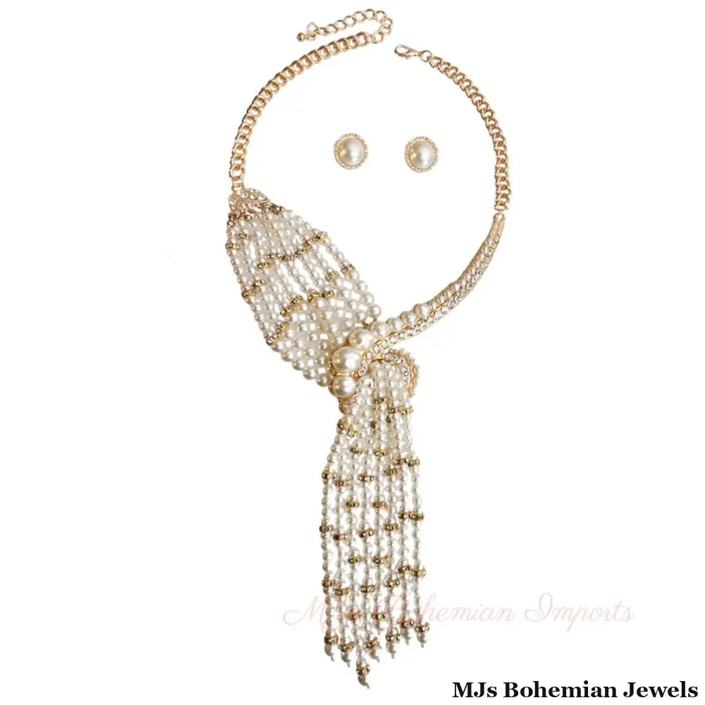 Asymmetric Pearl and Rhinestone Knot Necklace Set