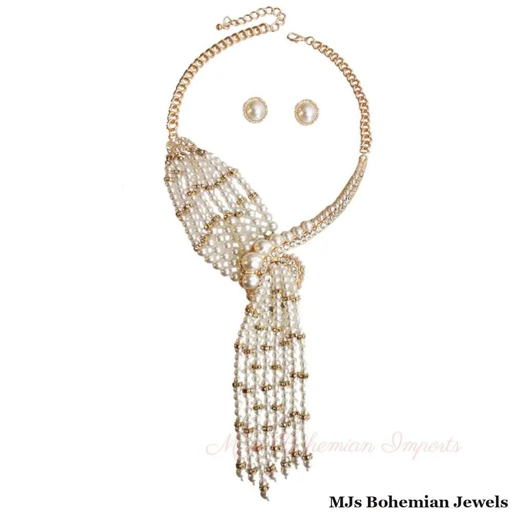 Asymmetric Pearl and Rhinestone Knot Necklace Set