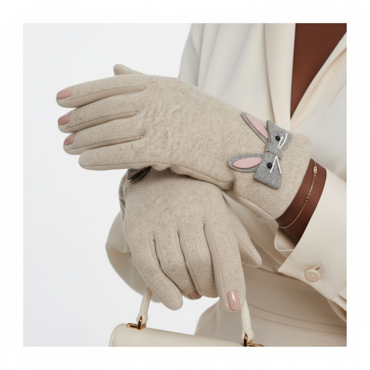 Beige Woolen Cute Rabbit Touchscreen Winter Gloves