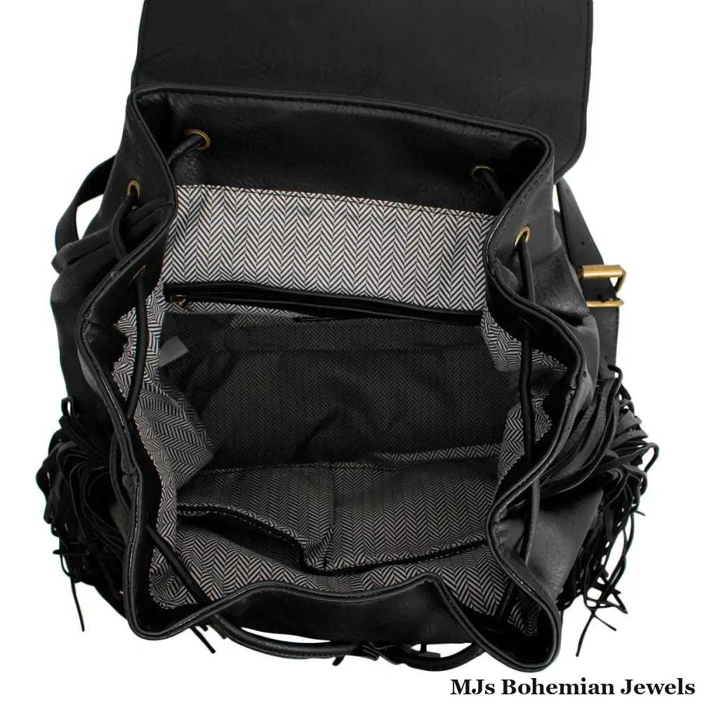 Backpack Black Leather Fringe Bag for Women