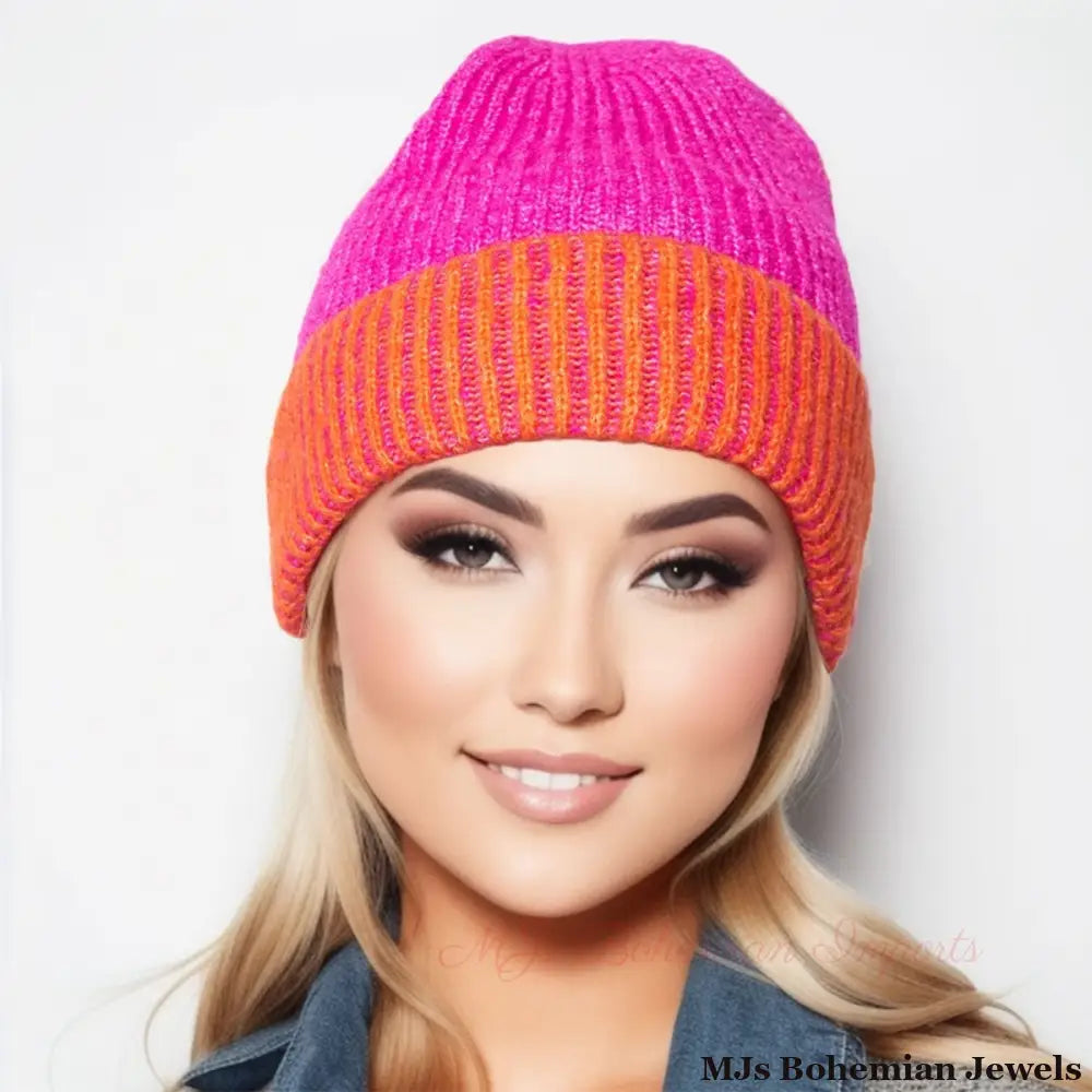 Beanie Fuchsia Two Tone Cuffed Hat for Women