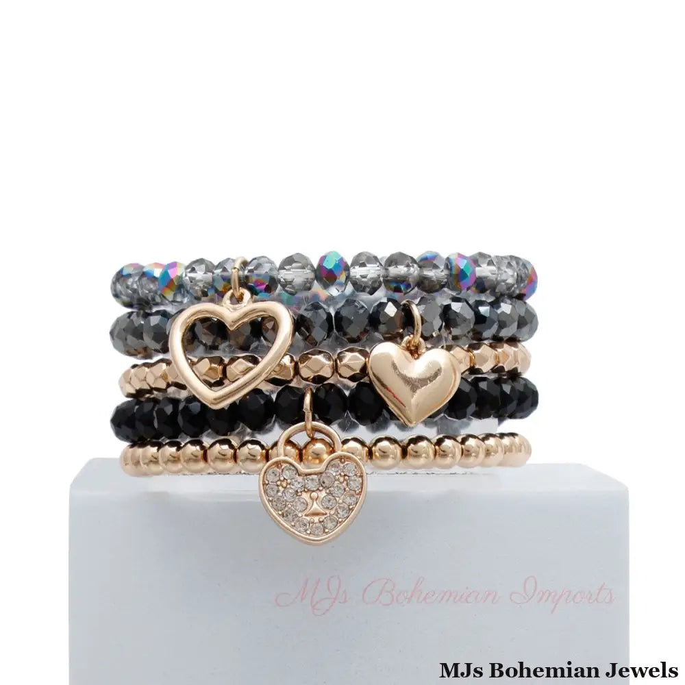 Black and Gold Glass Heart Bracelets
