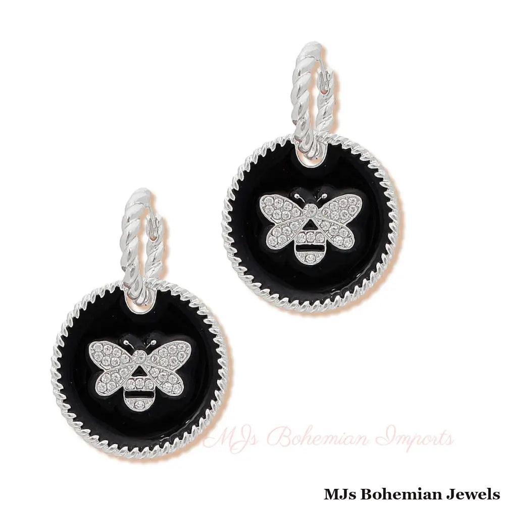 Black Bee Charm Twisted Silver Hoops