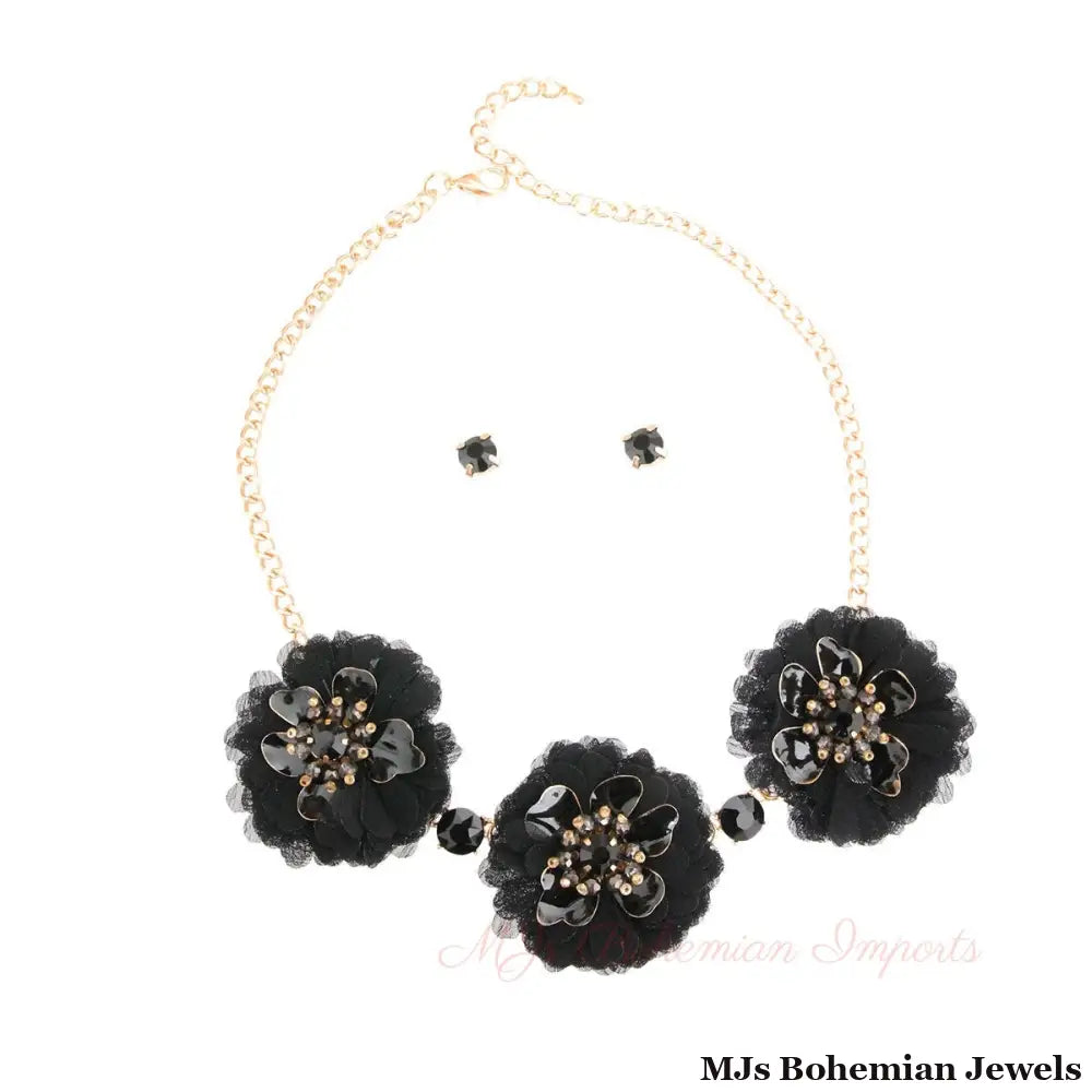 Black Fabric Flower Necklace Set