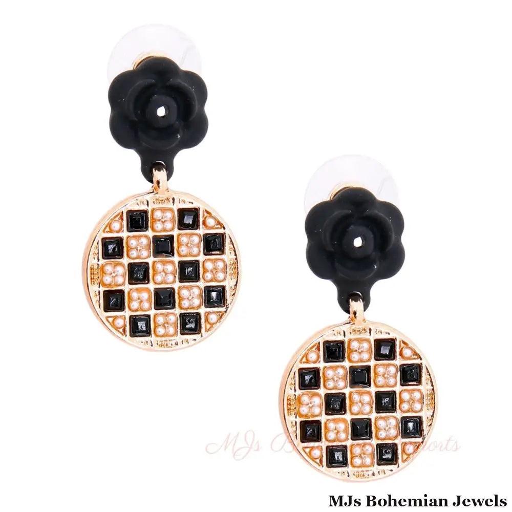 Black Flower Checkerboard Earrings